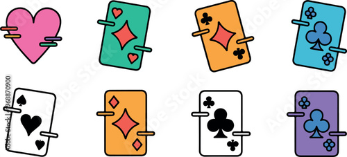 Vibrant ace playing cards with decorative motion lines and clean outlines for digital game interface assets.