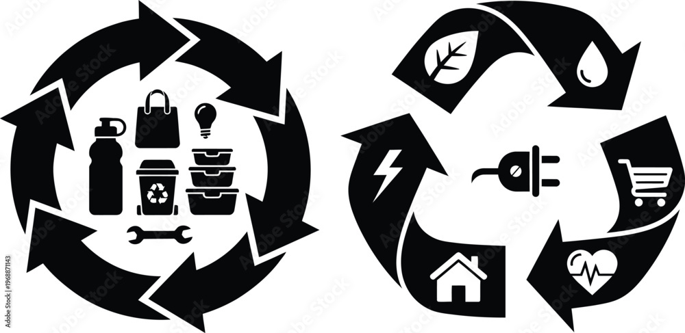 Fototapeta premium Two circular recycling symbols with various representing sustainability and energy conservation... tools