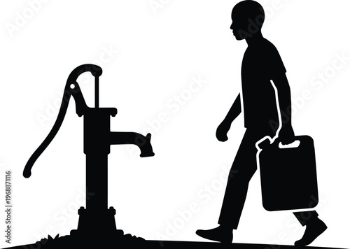 Silhouette of a person walking with a jerrycan towards a vintage water pump Keywords: silhouette