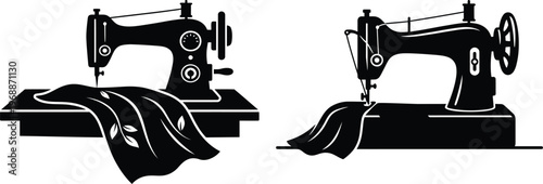 Two black silhouette of vintage sewing machines with fabric draped over the table and needle in position