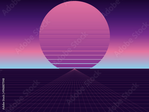 Retro Futuristic Sun Wireframe Grid Dark Background Vector
