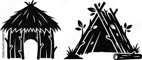 Two distinct styles of primitive huts or shelters made from natural Keywords: huts, shelters, primitive