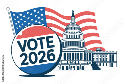 An illustration of the US Capitol building with an American flag and a Vote 2026 button, symbolizing democracy and civic engagement.