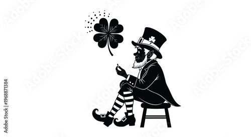 A leprechaun holding a four-leaf clover for good luck, isolated on a white background, representing Irish folklore and superstitions.