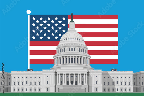 The United States Capitol building with a large American flag waving in the background on a clear blue day.