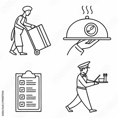 Catering line icons set. Simple symbols with restaurant menu, waiter, dish, cutlery and delivery service. Editable stroke. Outline vector illustration .