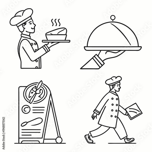 Catering line icons set. Simple symbols with restaurant menu, waiter, dish, cutlery and delivery service. Editable stroke. Outline vector illustration .