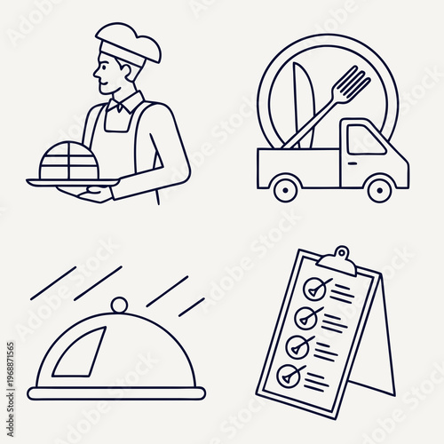 Catering line icons set. Simple symbols with restaurant menu, waiter, dish, cutlery and delivery service. Editable stroke. Outline vector illustration .