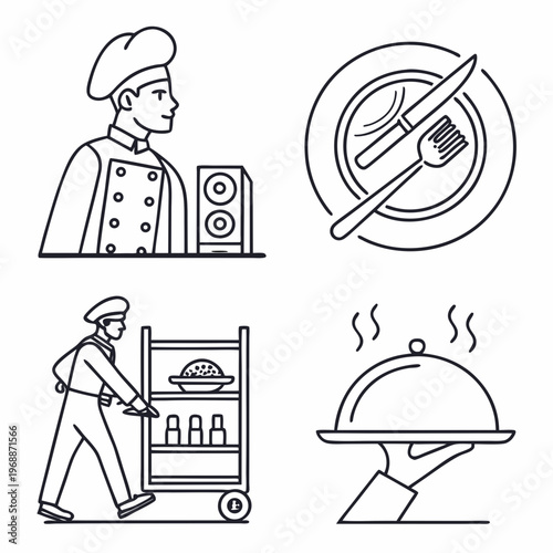 Catering line icons set. Simple symbols with restaurant menu, waiter, dish, cutlery and delivery service. Editable stroke. Outline vector illustration .