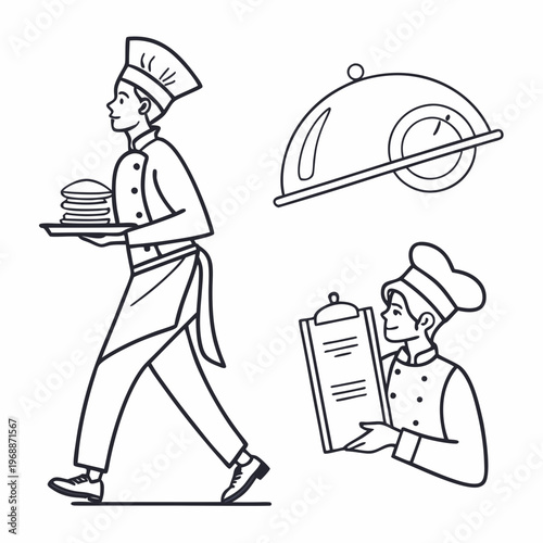 Catering line icons set. Simple symbols with restaurant menu, waiter, dish, cutlery and delivery service. Editable stroke. Outline vector illustration .