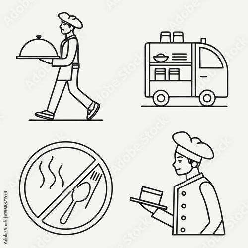 Catering line icons set. Simple symbols with restaurant menu, waiter, dish, cutlery and delivery service. Editable stroke. Outline vector illustration .