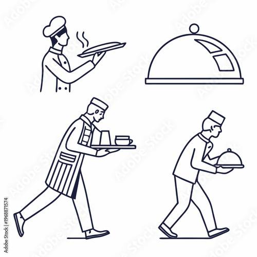 Catering line icons set. Simple symbols with restaurant menu, waiter, dish, cutlery and delivery service. Editable stroke. Outline vector illustration .