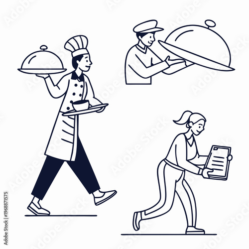 Catering line icons set. Simple symbols with restaurant menu, waiter, dish, cutlery and delivery service. Editable stroke. Outline vector illustration .