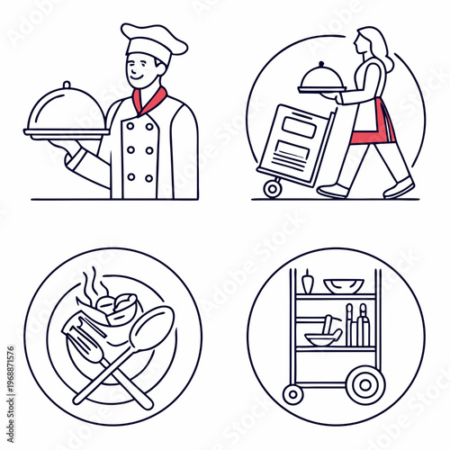 Catering line icons set. Simple symbols with restaurant menu, waiter, dish, cutlery and delivery service. Editable stroke. Outline vector illustration .