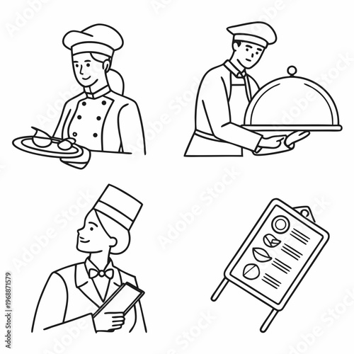Catering line icons set. Simple symbols with restaurant menu, waiter, dish, cutlery and delivery service. Editable stroke. Outline vector illustration .