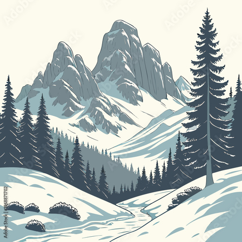Beautiful winter landscape. Natural scenery with snow capped mountains, rocks, spruce forest and hills with snowdrifts. Wild panorama in cold weather season. Cartoon flat vector .
