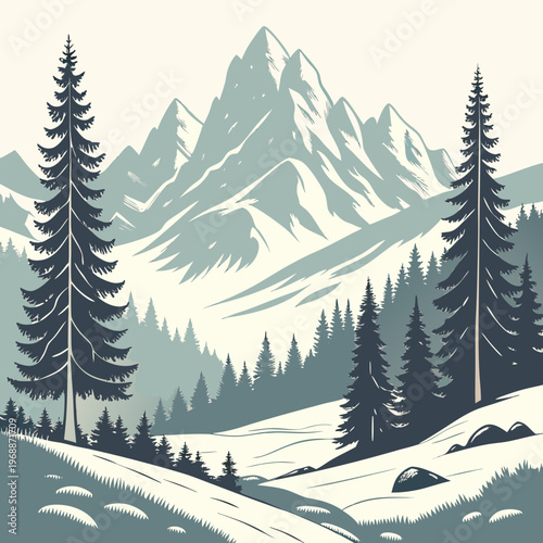 Beautiful winter landscape. Natural scenery with snow capped mountains, rocks, spruce forest and hills with snowdrifts. Wild panorama in cold weather season. Cartoon flat vector .