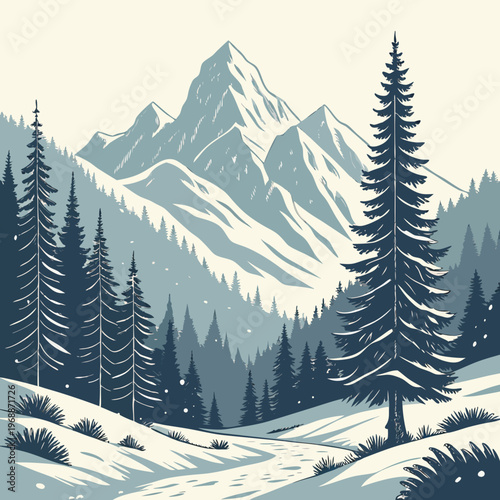 Beautiful winter landscape. Natural scenery with snow capped mountains, rocks, spruce forest and hills with snowdrifts. Wild panorama in cold weather season. Cartoon flat vector .