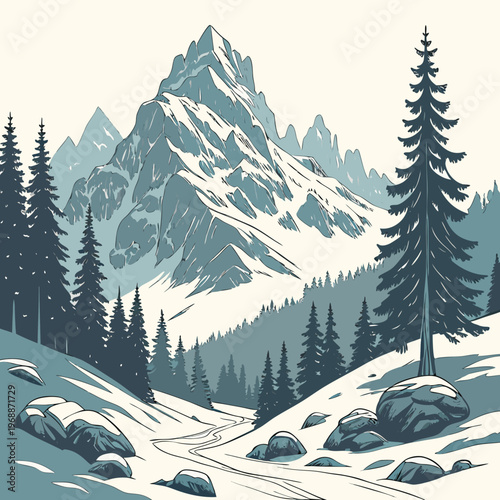 Beautiful winter landscape. Natural scenery with snow capped mountains, rocks, spruce forest and hills with snowdrifts. Wild panorama in cold weather season. Cartoon flat vector .