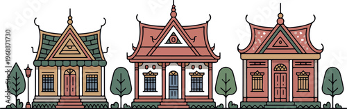 Traditional thai houses with ancient architecture. collection of traditional southeast asian residential buildings.