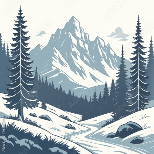 Beautiful winter landscape. Natural scenery with snow capped mountains, rocks, spruce forest and hills with snowdrifts. Wild panorama in cold weather season. Cartoon flat vector .