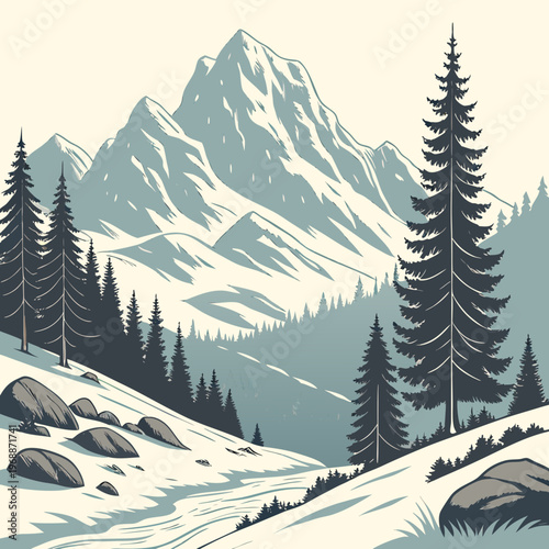 Beautiful winter landscape. Natural scenery with snow capped mountains, rocks, spruce forest and hills with snowdrifts. Wild panorama in cold weather season. Cartoon flat vector .