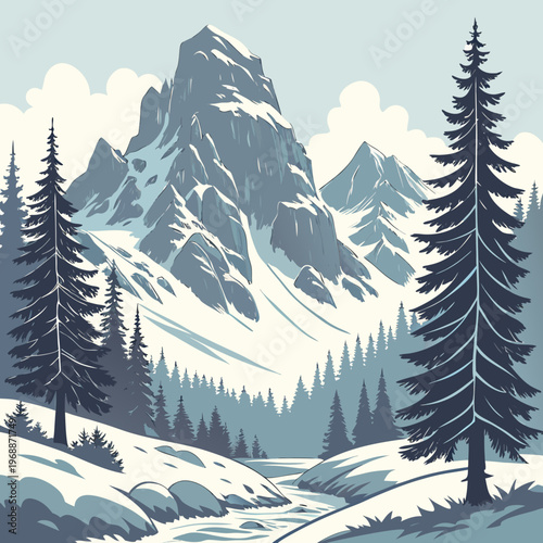 Beautiful winter landscape. Natural scenery with snow capped mountains, rocks, spruce forest and hills with snowdrifts. Wild panorama in cold weather season. Cartoon flat vector .