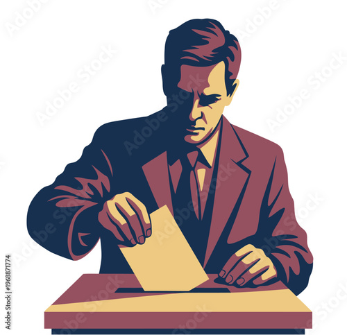 A man in a suit casting his vote by inserting a ballot into a box.