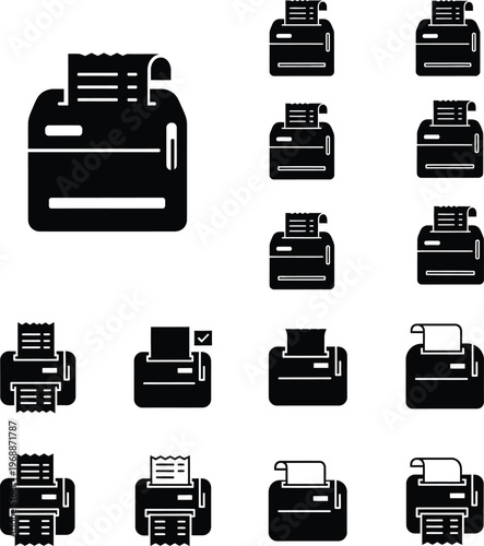 Collection of printer and fax machine icons in black and white with office equipment