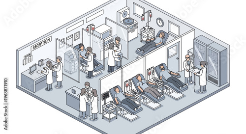 Isometric medical clinic interior with doctors and patients.
