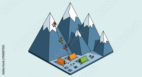 Mountain Climbing Adventure with Tents and Skiers.