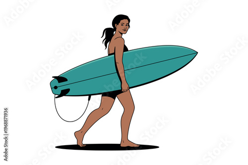 A young woman walking with a surfboard under her arm outdoors