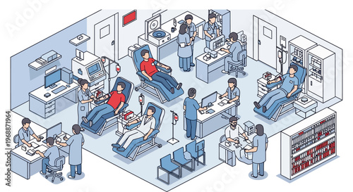 Medical Clinic Scene with Patients and Staff.
