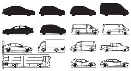 Vehicle Side View Collection Car Van Bus and Pickup Vector Set