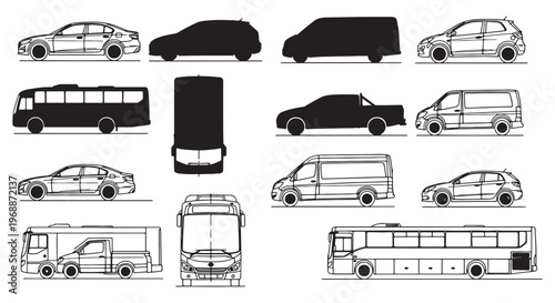 Car Van Pickup and Bus Vehicle Silhouette Outline Vector Set