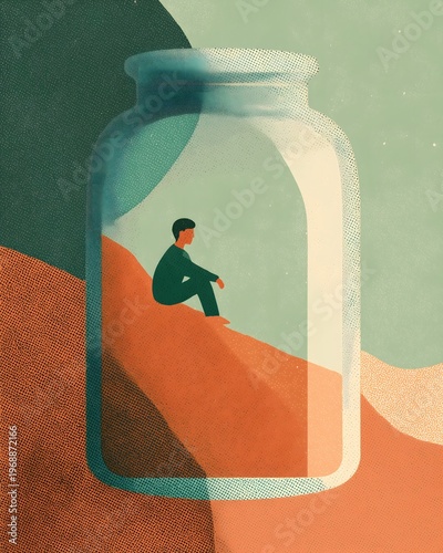 Risograph print of solitary figure seated on dune inside rectangular frame, warm orange and sage palette with halftone patterns, solitude and contemplation concept