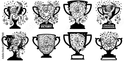 Minimalist Trophy with Victorious Artist Line Art, Monochrome Vector Illustration of Creative Success and Achievement