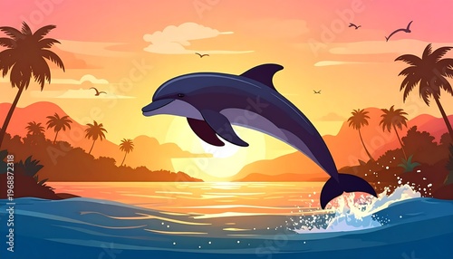 Dolphin leaping from the ocean at sunset. Palm trees silhouette an island in the distance