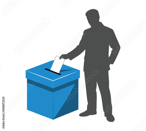 A silhouette of a man casting his vote into a blue ballot box during an election.