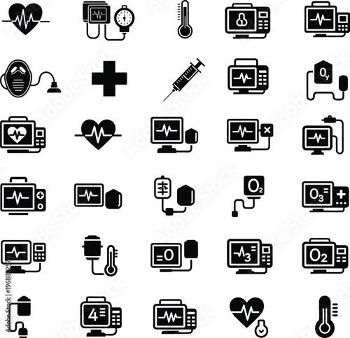 Medical monitoring and health icons with blood pressure monitor with pulse oximeter with infusion pump