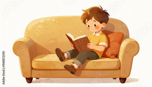 Charming boy reading a book on a cozy sofa, cheerful mood, illustration