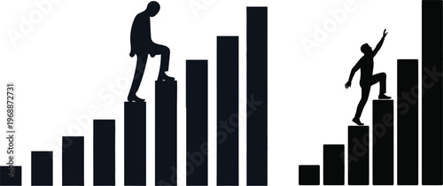 Silhouettes of two figures climbing ascending bar graphs one with despair the other with triumph... levels