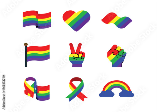 LGBTQ+ Pride Symbols Rainbow Flags, Hearts, Peace Signs, and Ribbons Illustrating Diversity and Inclusion