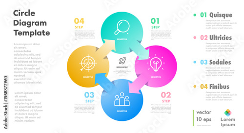 Circle chart infographic template 4 parts for timeline, business strategy, presentation, start up project, theory basic operation, logic analysis. Venn diagram vector