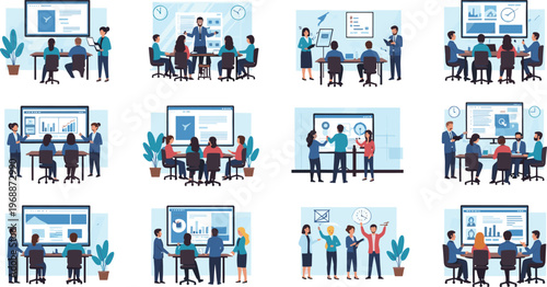 Business Meeting Set with Charts, Graphs, and Team Collaboration Scenes for Corporate Planning and Analysis