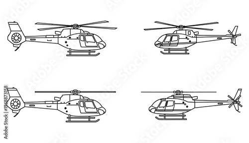 Four orthographic views of a helicopter top front side and rear perspectives