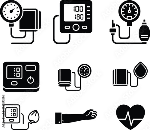 Blood pressure monitor icons set with vital signs with check up with blood flow with patient care