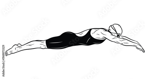 The swimmer executes a butterfly stroke with arms extended forward, showcasing athletic form in a dynamic pose.