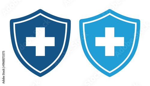 Two blue shield icons with white crosses representing healthcare protection and safety measures