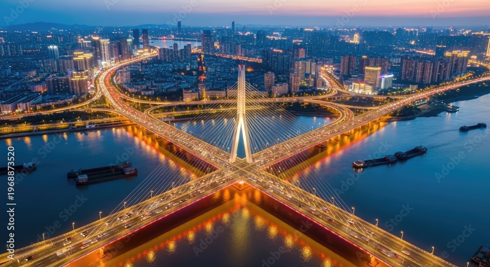 Naklejka premium Evening cityscape illuminated bridges and river at dusk
